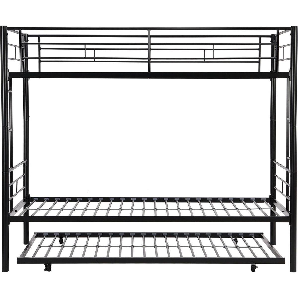 Over Twin Bunk Bed Frame with Trundle,Metal Bunkbed with Sturdy Guard Rail and 2 sideLadders for Kids/Adults,Can be Divided Into Two Beds, No Box Spring Needed, Noise Free for Dorm,Black