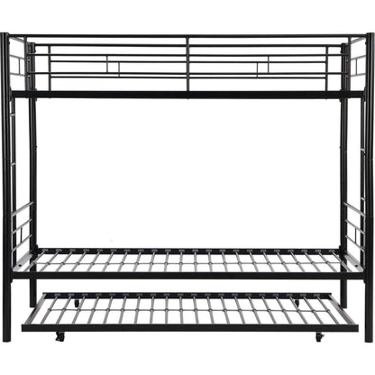 Over Twin Bunk Bed Frame with Trundle,Metal Bunkbed with Sturdy Guard Rail and 2 sideLadders for Kids/Adults,Can be Divided Into Two Beds, No Box Spring Needed, Noise Free for Dorm,Black