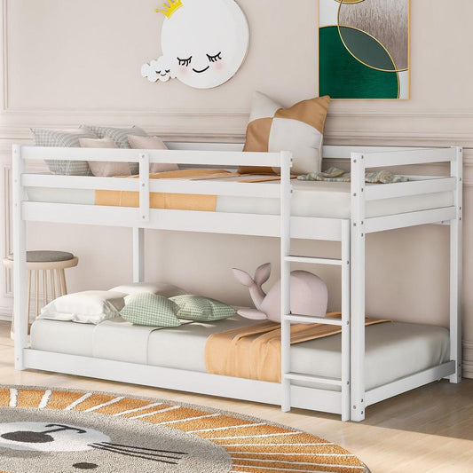 Twin over Twin Floor Bunk Bed with Ladder, White