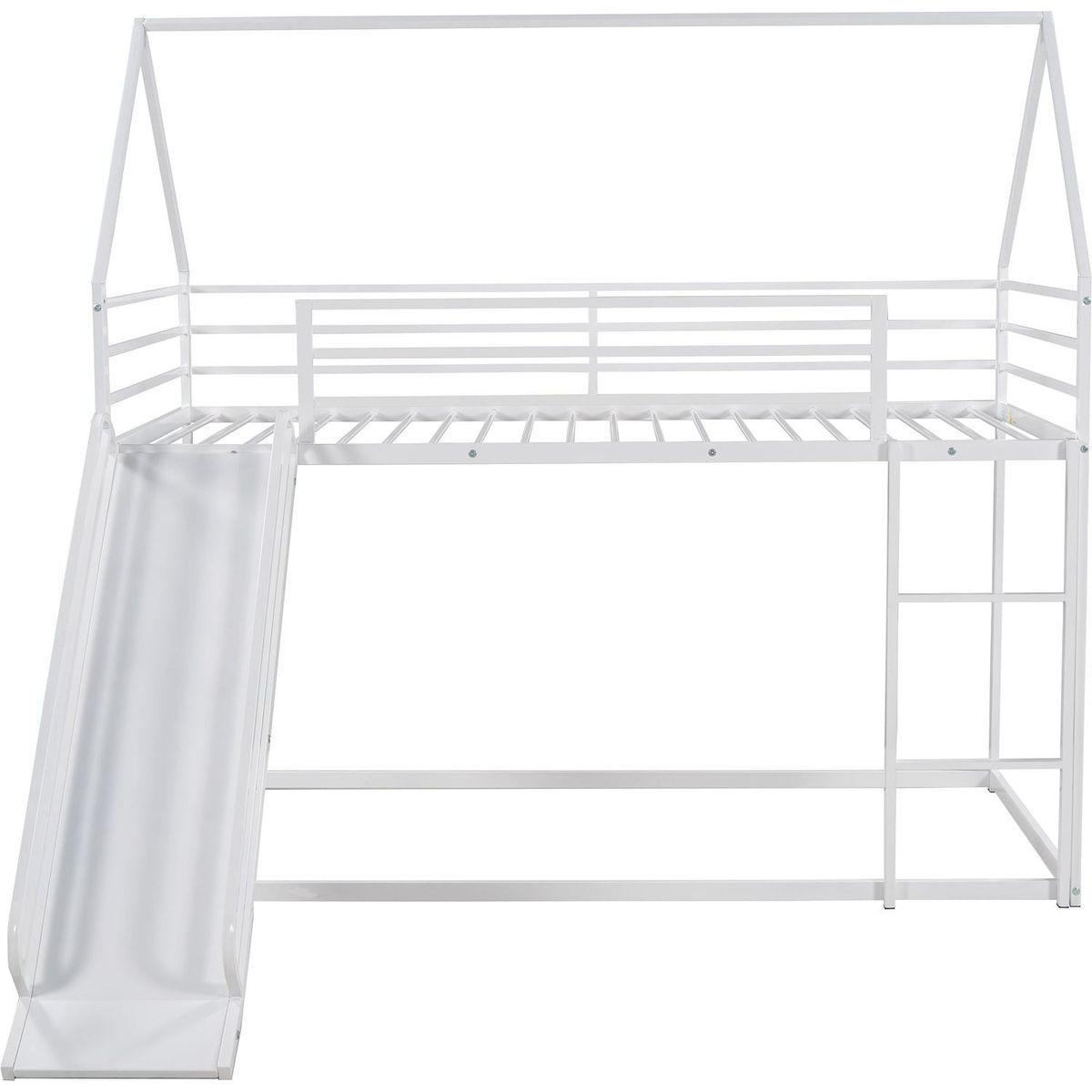 Twin over Twin House Bunk Bed with Ladder and Slide, White - Streamdale Furniture