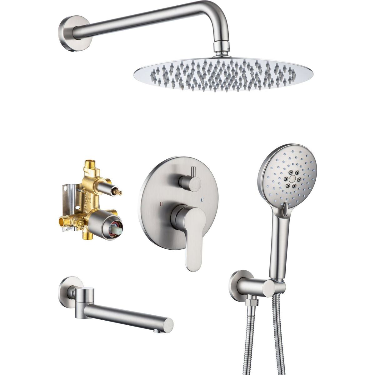 Tub Shower Faucets Sets Complete Bathtub Faucet Set Brushed Nickel Bathtub Shower System with Tub Spout, Bathroom Tub and Shower Faucet Combo Trim Kit with Rough-in Valve