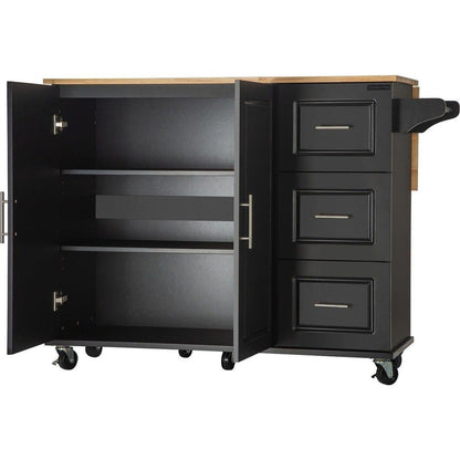 Kitchen Island & Kitchen Cart, Mobile Kitchen Island with Extensible Rubber Wood Table Top, adjustable Shelf Inside Cabinet, 3 Big Drawers, with Spice Rack, Towel Rack, Black-Beech .
