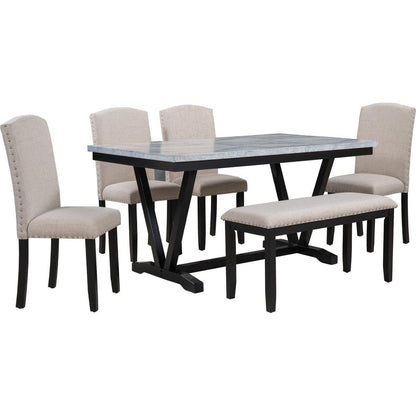 Modern Style 6-piece Dining Table with 4 Chairs & 1 Bench, Table with Marbled Veneers Tabletop and V-shaped Table Legs (White)