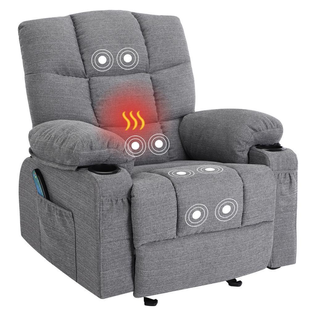 Recliner Chair Massage Heating sofa with USB and side pocket, 2 Cup Holders (Grey)