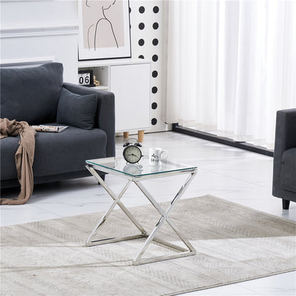 3 Pieces Silver Square Nesting Glass End Tables (X shape frame)- Small Coffee Table Set- Stainless Steel Small Coffee Tables with Clear Tempered Glass- 18" Modern Minimalist Side Table for Living Room