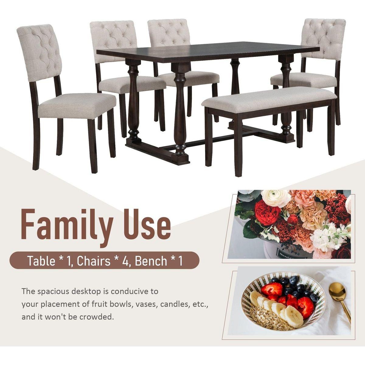 6-Piece Dining Table and Chair Set with Special-shaped Legs and Foam-covered Seat Backs&Cushions for Dining Room (Espresso)