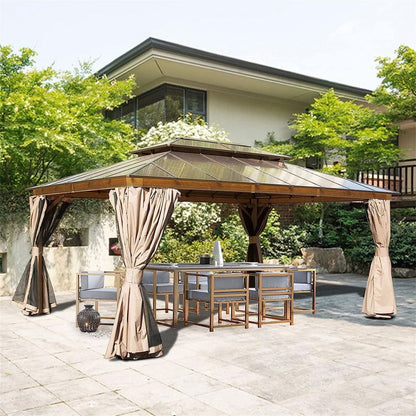 12x16ft Hardtop Gazebo, Permanent Outdoor Gazebo with Polycarbonate Double Roof, Aluminum Gazebo Pavilion with Curtain and Net for Garden, Patio, Lawns, Deck, Backyard (Wood-Looking)