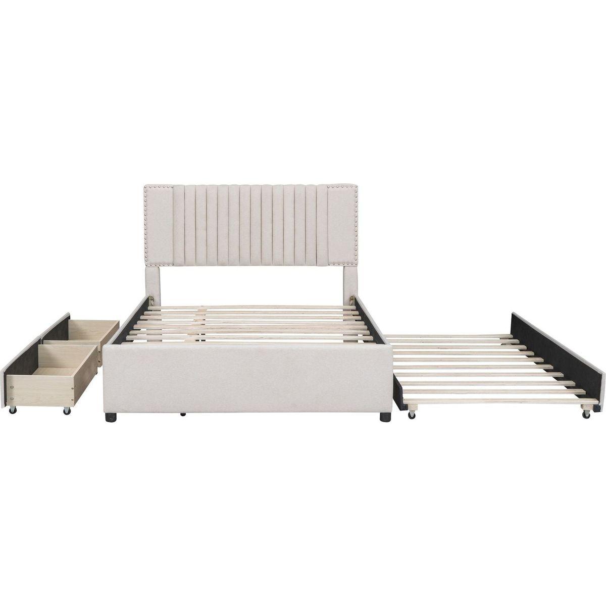 Full Size Upholstered Platform Bed with 2 Drawers and 1 Twin Size Trundle, Classic Headboard Design, Beige