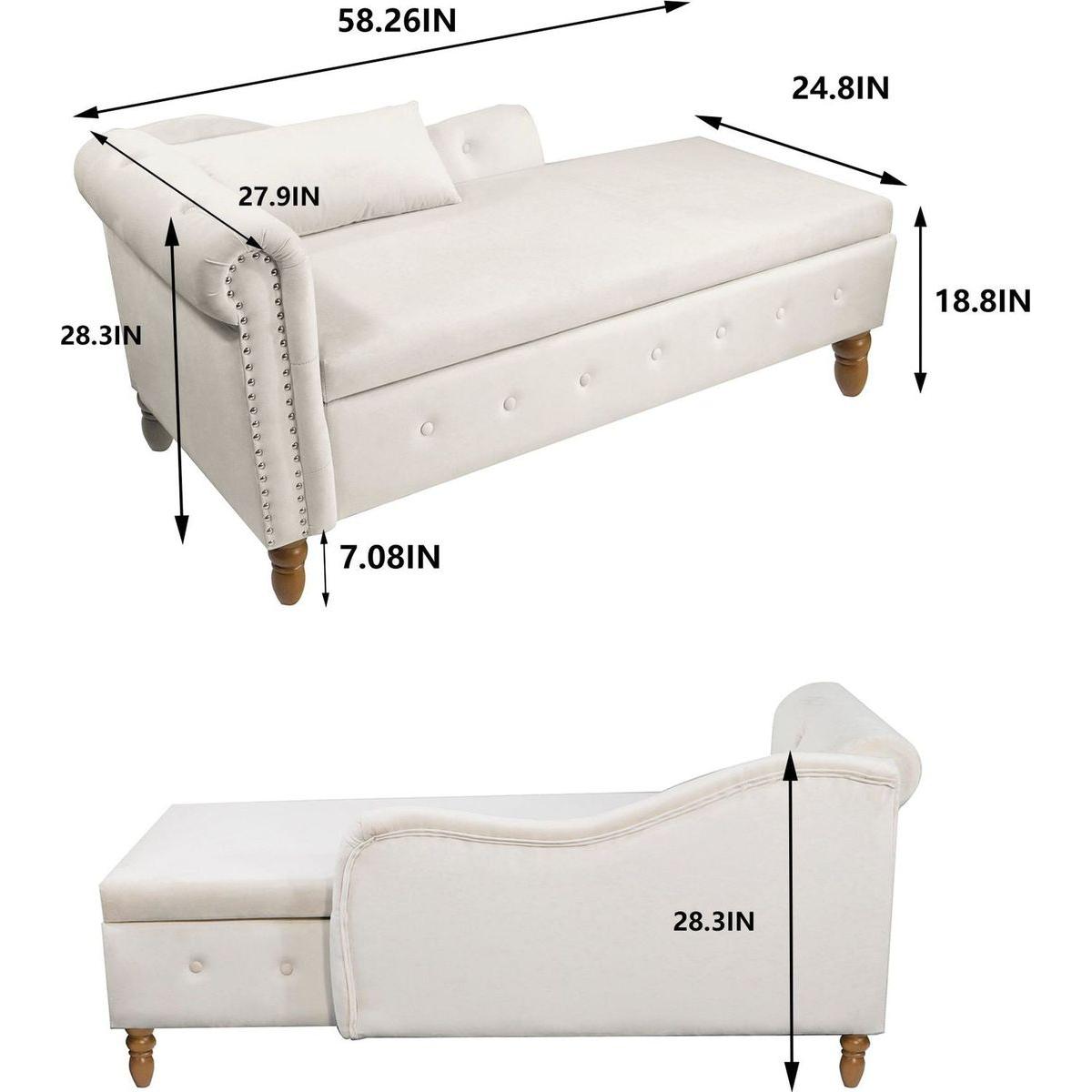 Beige Chaise Lounge Indoor, Velvet Lounge Chair for Bedroom with Storage & Pillow, Modern Upholstered Rolled Arm Chase Lounge for Sleeping with Nailhead Trim for Living Room Bedroom Office