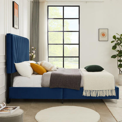 Full bed with two nightstands, Beautiful line stripe cushion headboard, strong wooden slats + metal legs with Electroplate