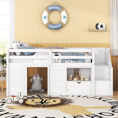 TWIN BED, SOLID WOOD TWIN SIZE LOW LOFT BED WITH STAIR, DRAWER, AND SHELF OF WHITE COLOR