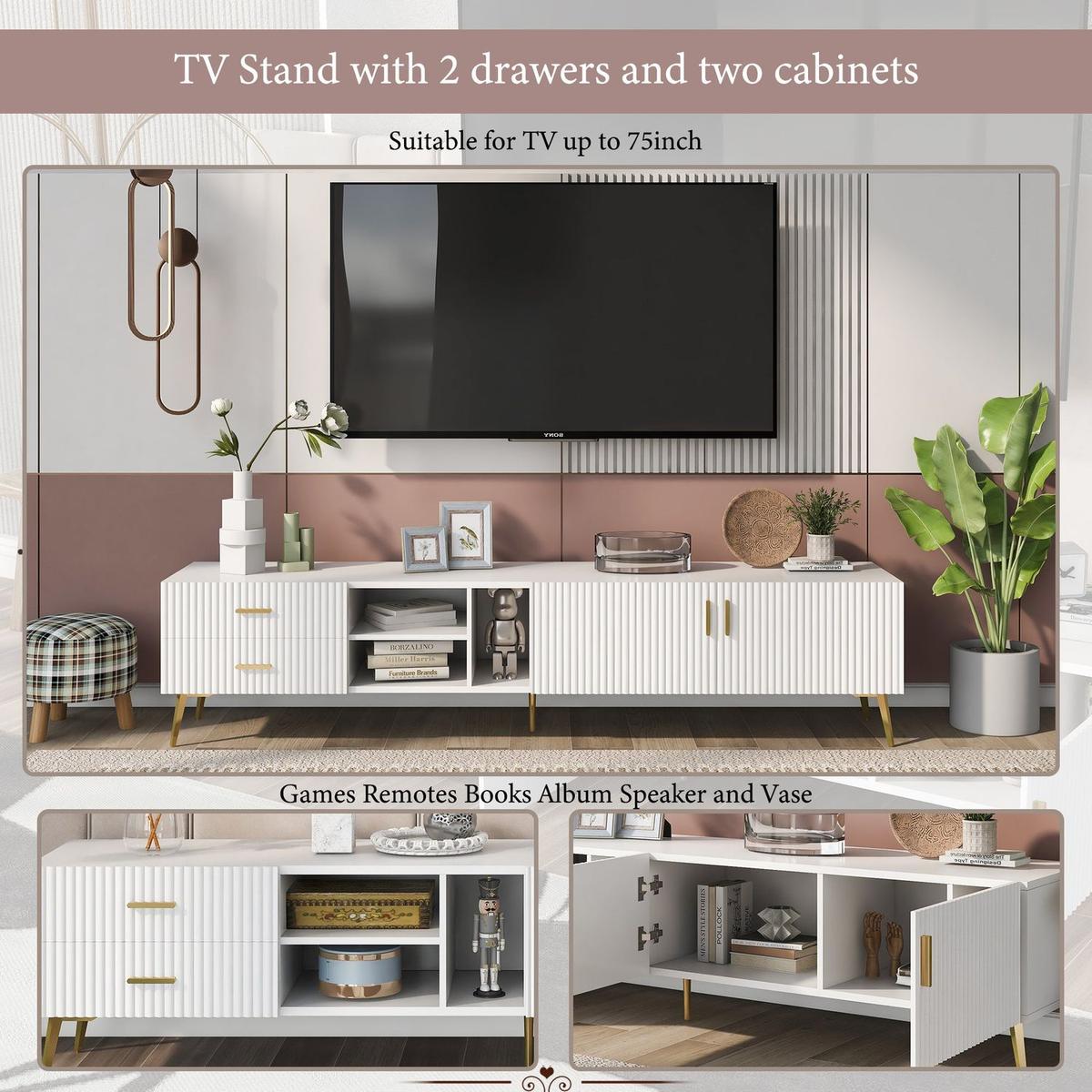 Modern TV Stand with 5 Champagne legs - Durable, stylish, spacious, versatile storage TVS up to 77" (White)