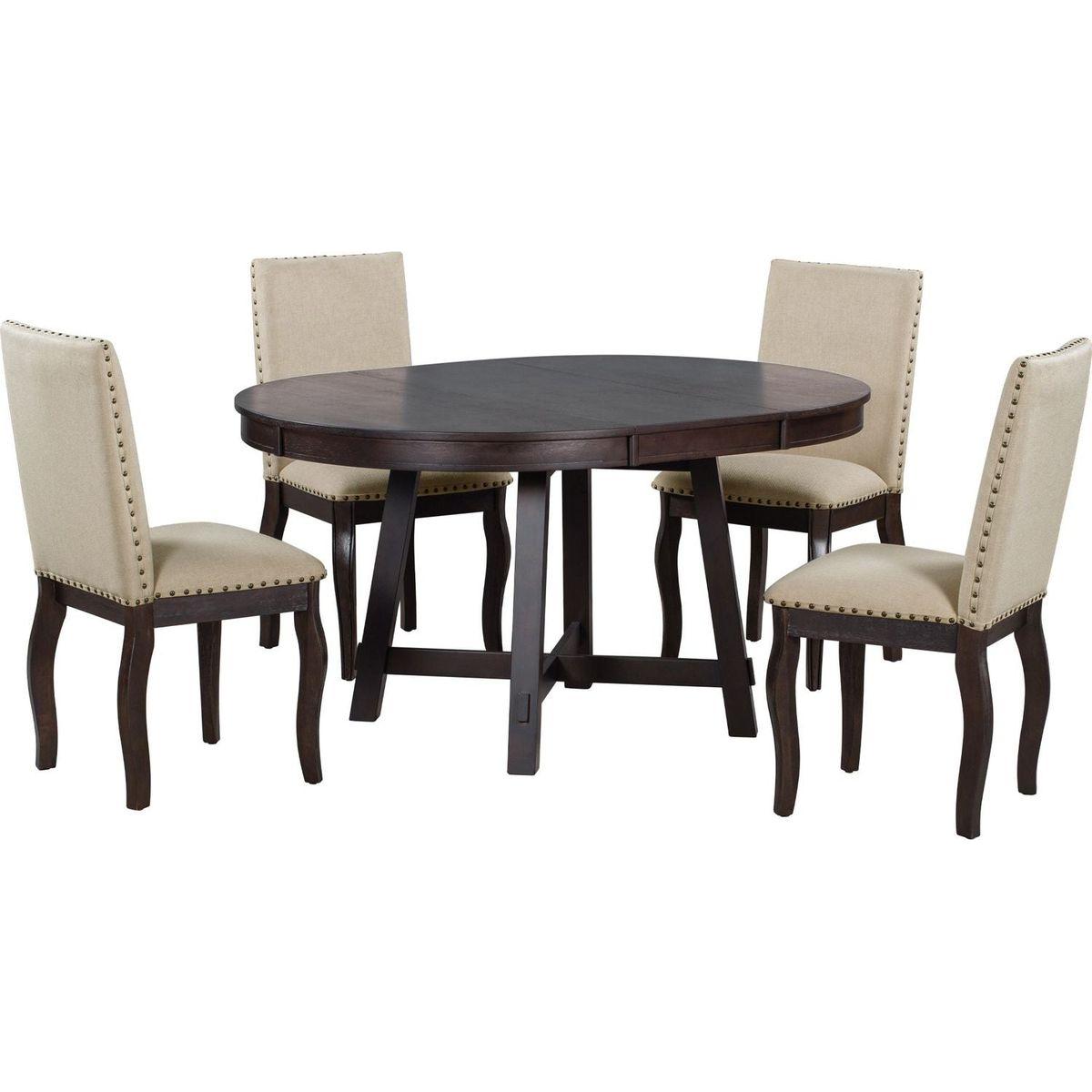 5-Piece Farmhouse Dining Table Set Wood Round Extendable Dining Table and 4 Upholstered Dining Chairs (Espresso)