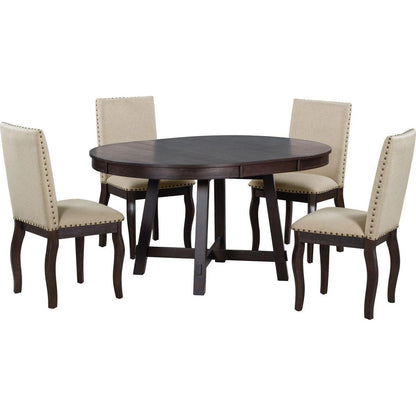 5-Piece Farmhouse Dining Table Set Wood Round Extendable Dining Table and 4 Upholstered Dining Chairs (Espresso)