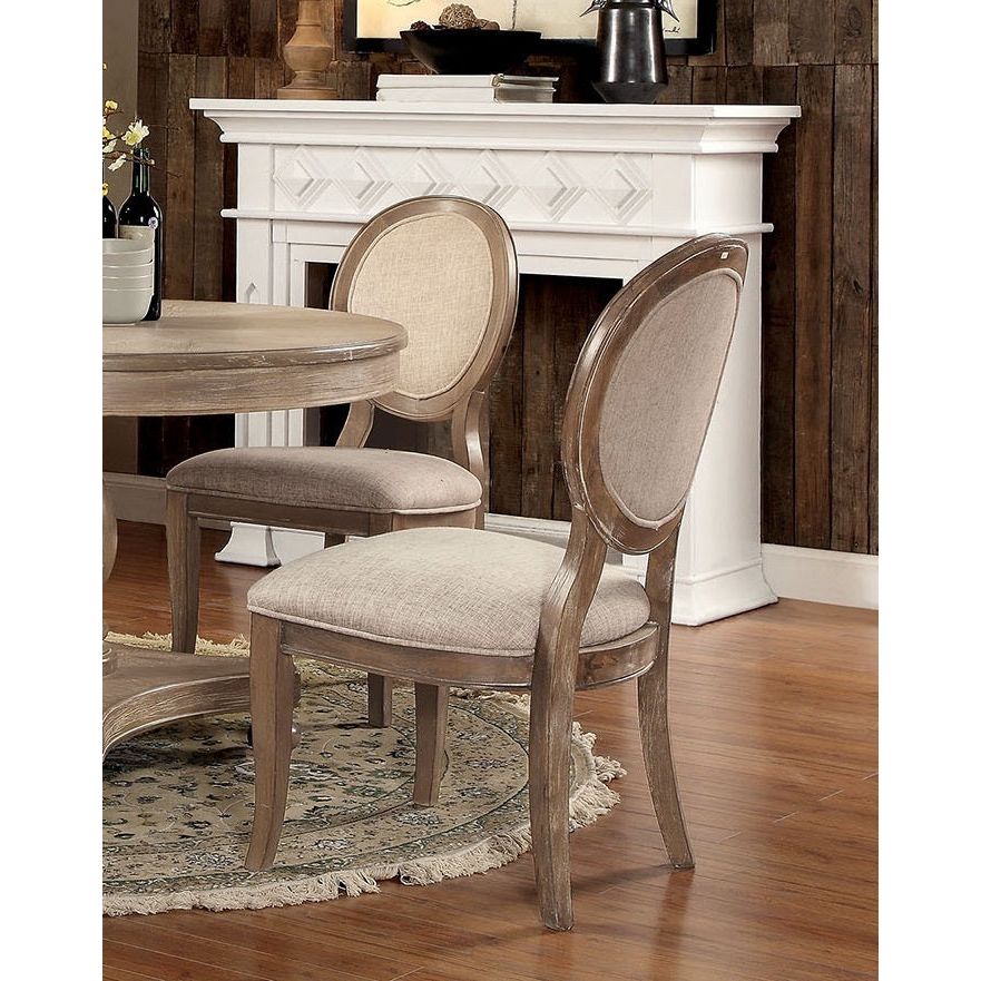 Transitional Rustic Oak and Beige Side Chairs Set of 2 Chairs Dining Room Furniture Padded fabric seat Elegant Kitchen Dining Room