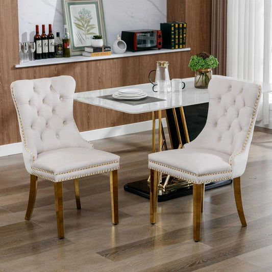 Nikki Collection Modern, High-end Tufted Solid Wood Contemporary Velvet Upholstered Dining Chair with Golden Stainless Steel Plating Legs,Nailhead Trim,Set of 2,Beige and Gold