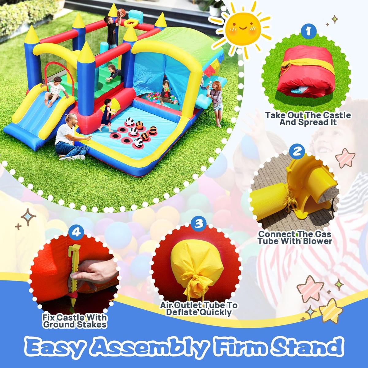7 in 1 Inflatable Bounce House, Bouncy House with Ball Pit for Kids Indoor Outdoor Party Family Fun, Obstacles, Toddler Jump Bouncy Castle with Ball Pit for Birthday Party Gifts - Streamdale Furniture