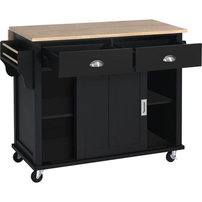 Kitchen Cart with Rubber wood Drop-Leaf Countertop, Concealed sliding barn door adjustable height, Kitchen Island on 4 Wheels with Storage Cabinet and 2 Drawers, L52.2xW30.5xH36.6 inch, Black