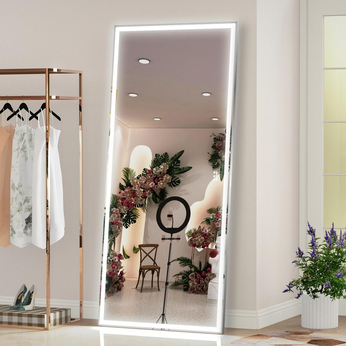 72X32 inch Oversized LED Bathroom Mirror Wall Mounted Mirror with 3 Color Modes Aluminum Frame Wall Mirror Large Full Length Mirror with Lights Lighted Full Body Mirror for Bedroom Living Room, Silver