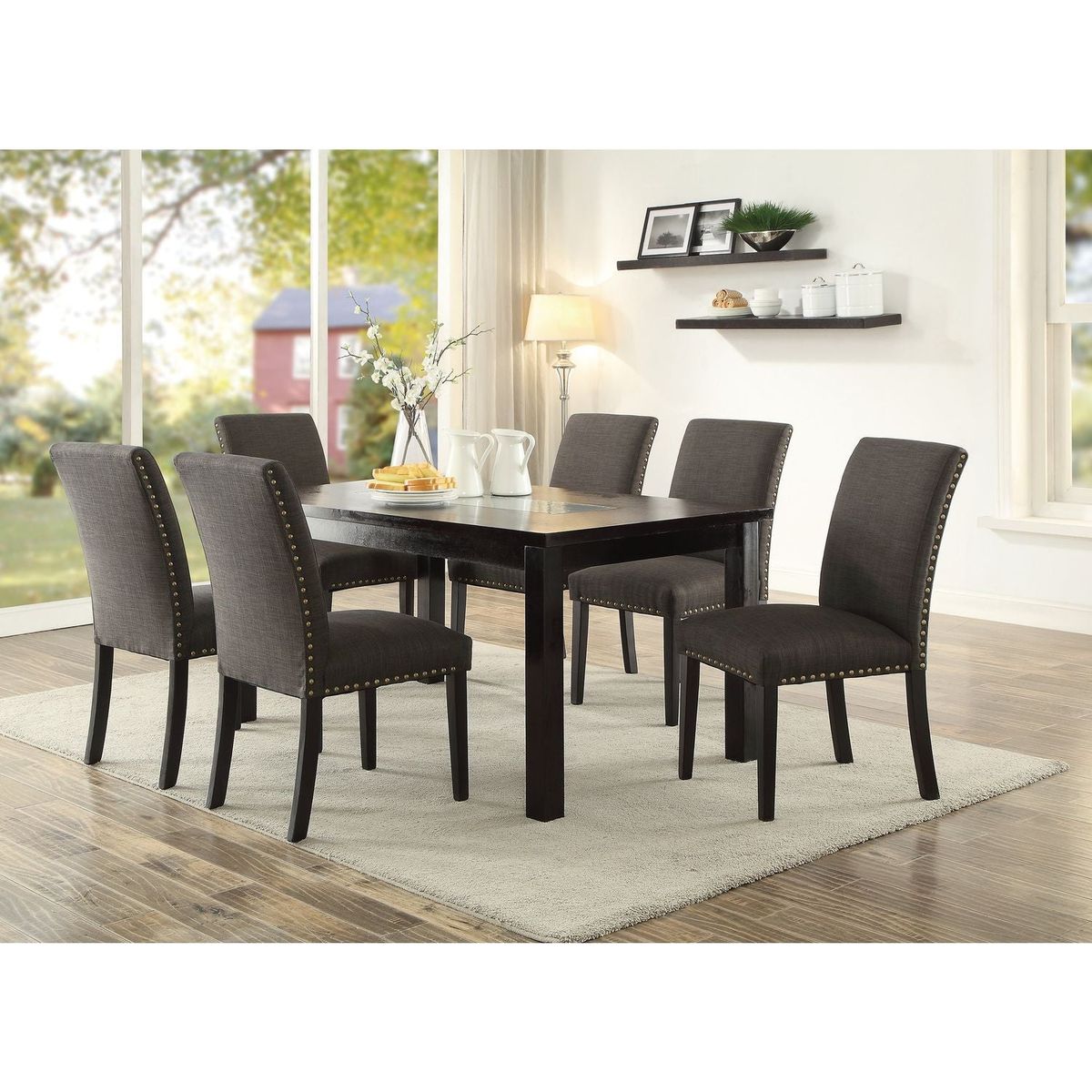 Dining Room Chairs Ash Black Polyfiber Nail heads Parson Style Set of 2 Side Chairs Dining Room Furniture