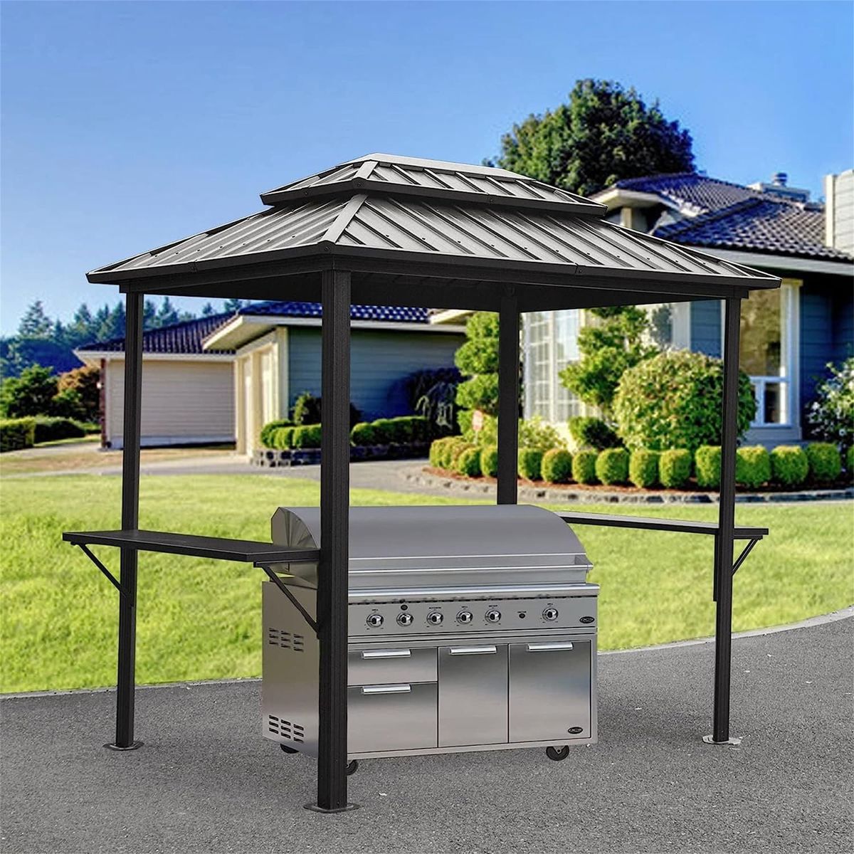 Grill Gazebo 8' x 6', Aluminum BBQ Gazebo Outdoor Metal Frame with Shelves Serving Tables, Permanent Double Roof Hard top Gazebos for Patio Lawn Deck Backyard and Garden (Grey)