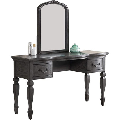 Bedroom Classic Vanity Set Wooden Carved Mirror Stool Drawers Antique Grey Finish