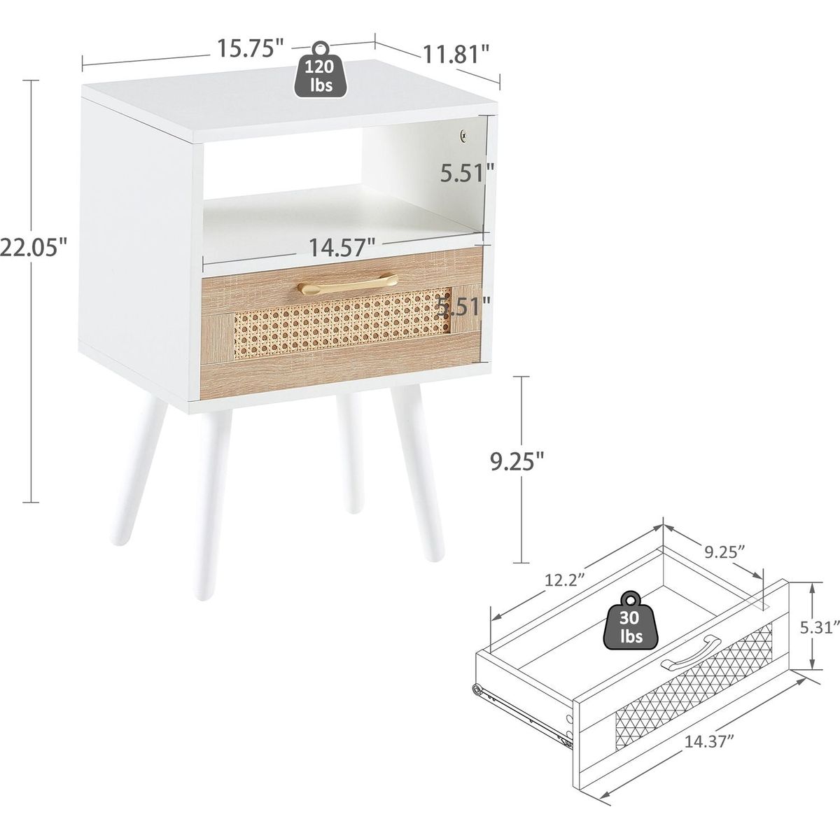 15.75" Rattan End table with drawer and solid wood legs, Modern nightstand, side table for living roon, bedroom, white