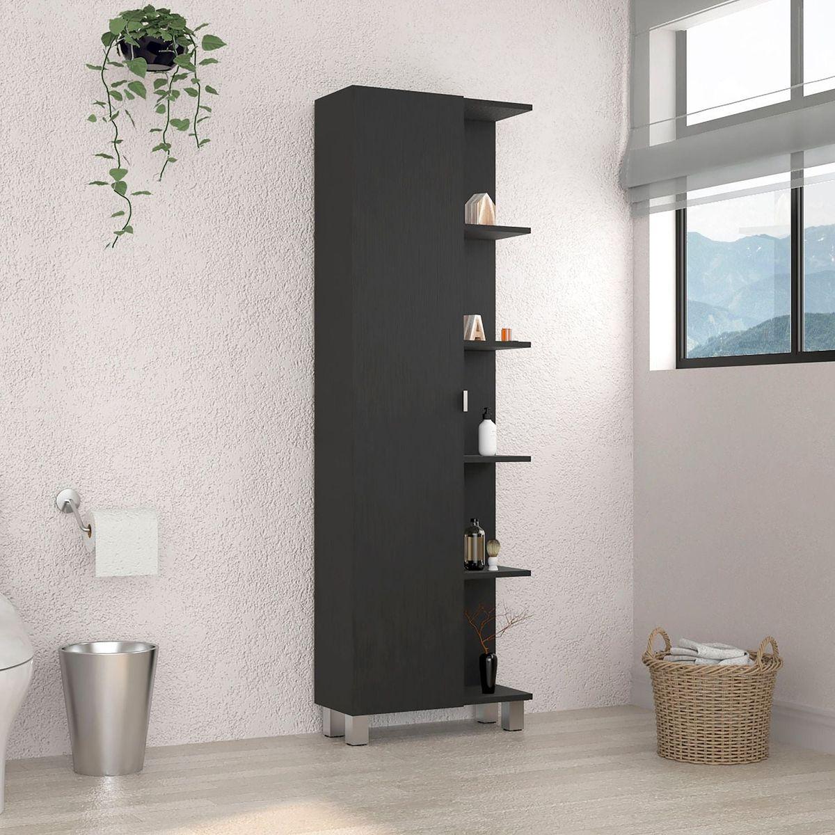 Urano Mirror Linen Cabinet, Four Interior Shelves, Five External Shelves -Black