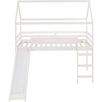 Twin Loft Bed with Slide, House Bed with Slide, White