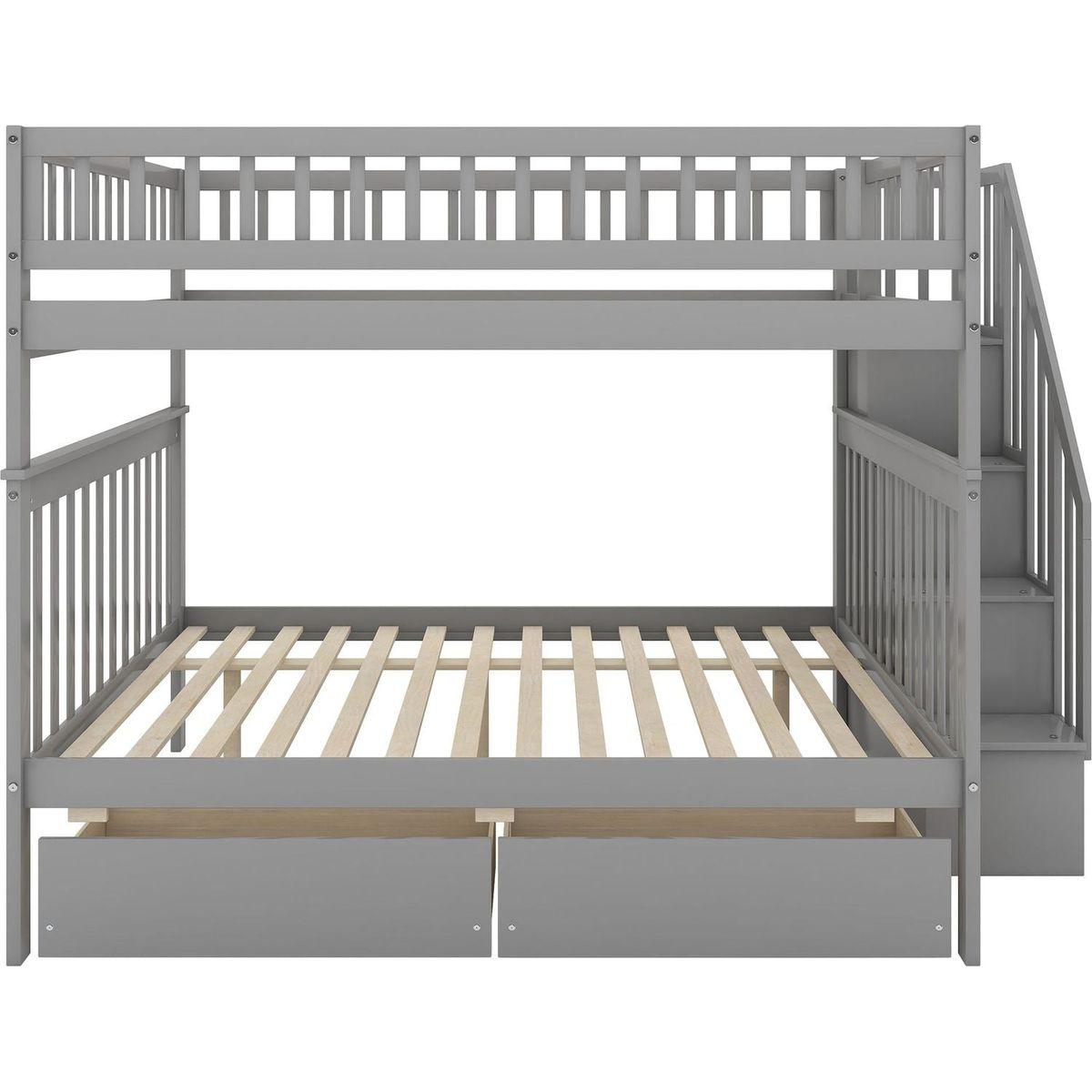 Full over Full Bunk Bed with Two Drawers and Storage, Gray