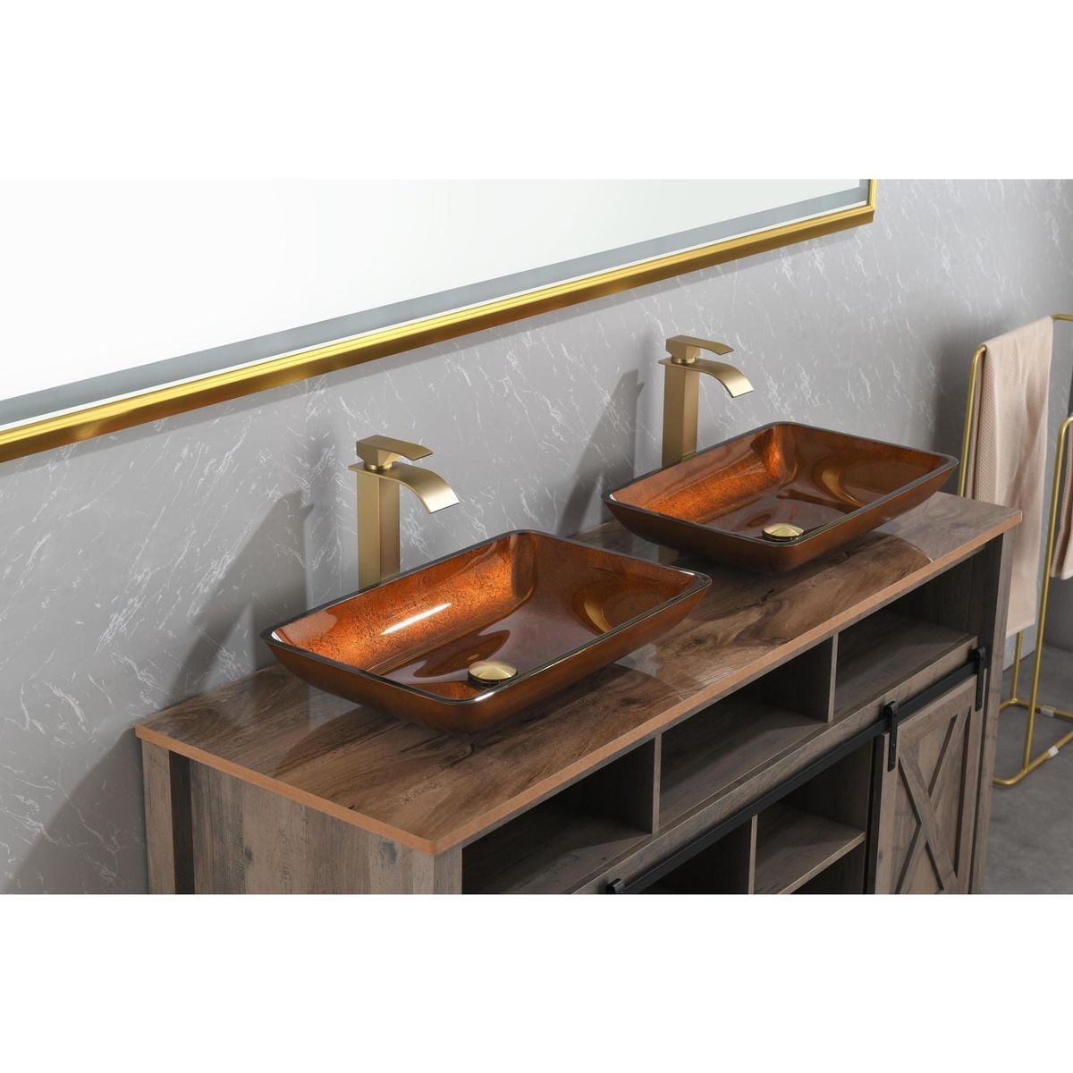 22.5" L -L -14.5" W -4 1/2 in. Handmade Glass Rectangle Vessel Bathroom Sink Set in Rich Chocolate Brown Finish with gold Faucet and gold Pop Up Drain