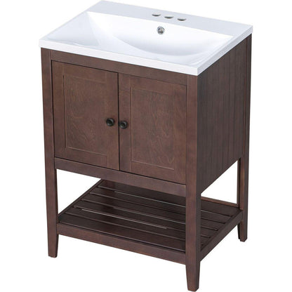 24" Brown Modern Sleek Bathroom Vanity Elegant Ceramic Sink with Solid Wood Frame Open Style Shelf