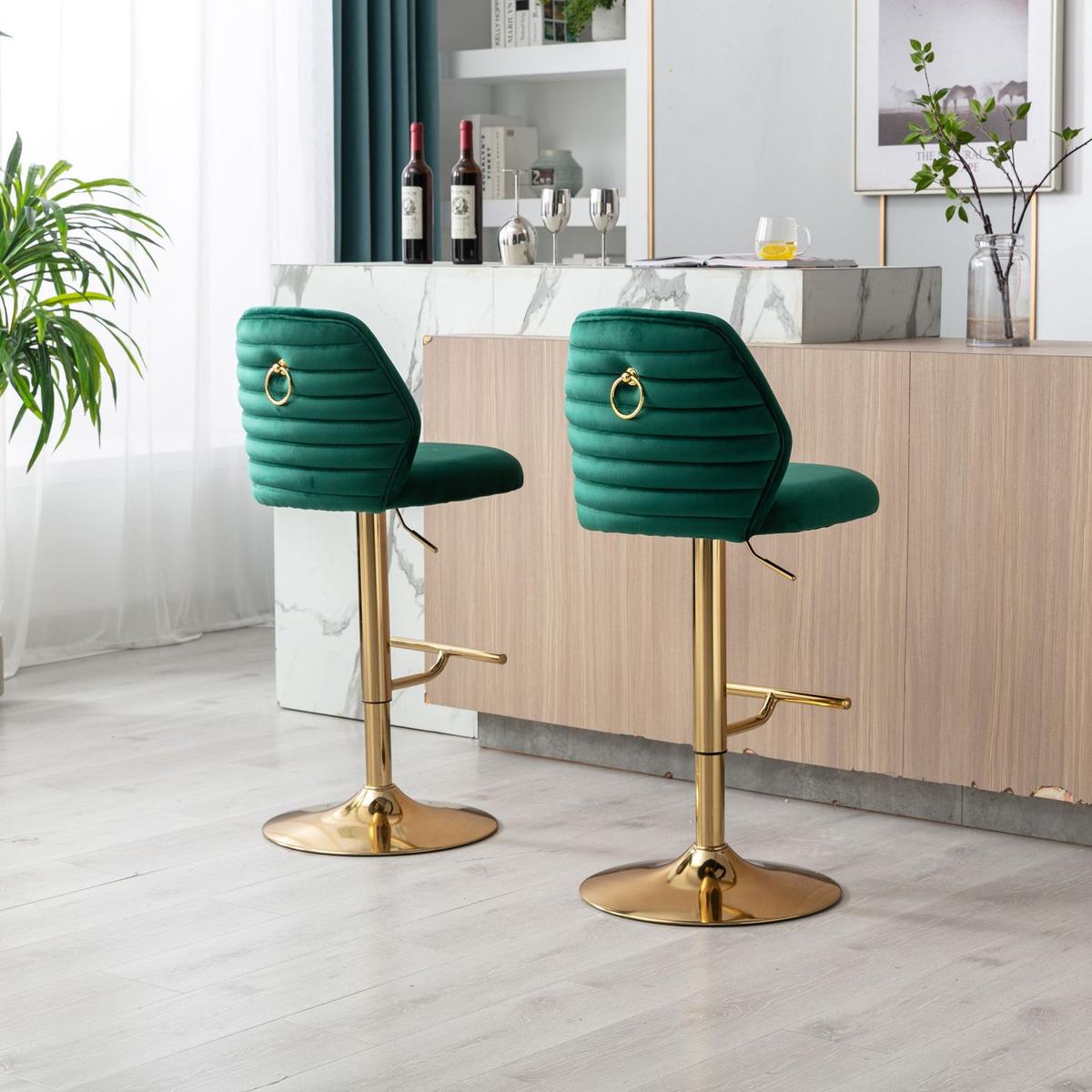 Swivel Bar Stools Chair Set of 2 Modern Adjustable Counter Height Bar Stools, Velvet Upholstered Stool with Tufted High Back & Ring Pull for Kitchen, Chrome Golden Base, Green