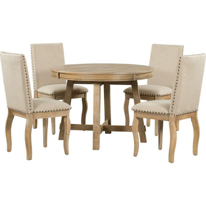 5-Piece Farmhouse Dining Table Set Wood Round Extendable Dining Table and 4 Upholstered Dining Chairs (Natural Wood Wash)