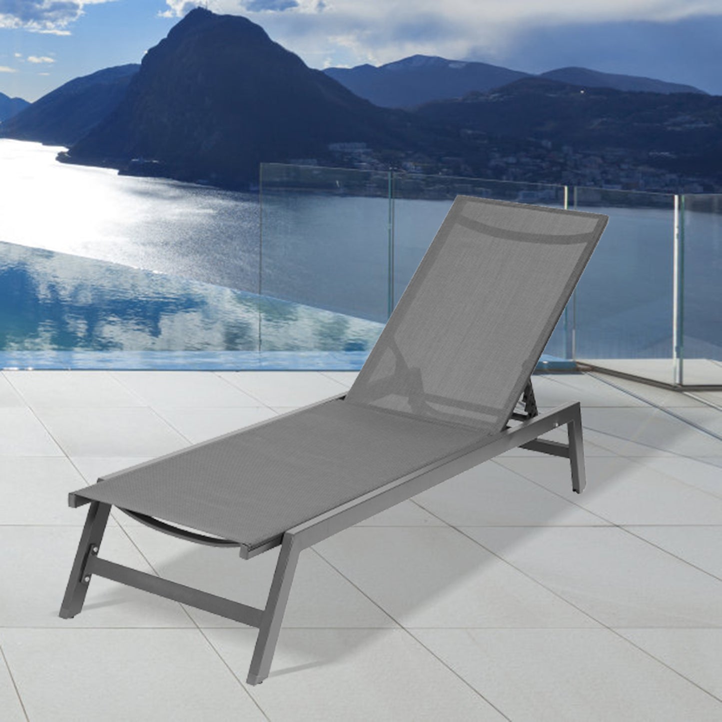 Outdoor Chaise Lounge Chair, Five-Position Adjustable Aluminum Recliner, All Weather For Patio, Beach, Yard, Pool (Grey Frame/Dark Grey Fabric)