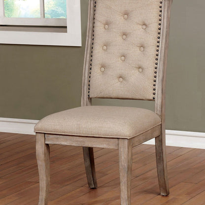 Natural Rustic Tone Set of 2 Dining Chairs Beige Fabric Tufted back Chairs Nailhead trim Upholstered Seat Glam Transitional