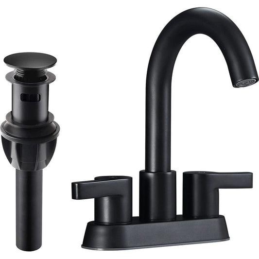 Bathroom Faucet 2 Handle Centerset Bathroom Sink Faucet with Pop Up Drain Assembly, 4 Inches Bathroom Vanity Lavatory Faucet 3 Holes Matte Black