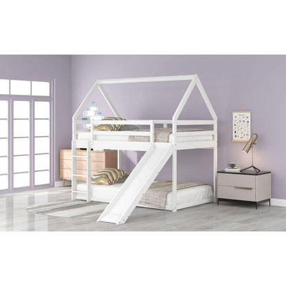Twin Size Bunk House Bed with Slide and Ladder, White