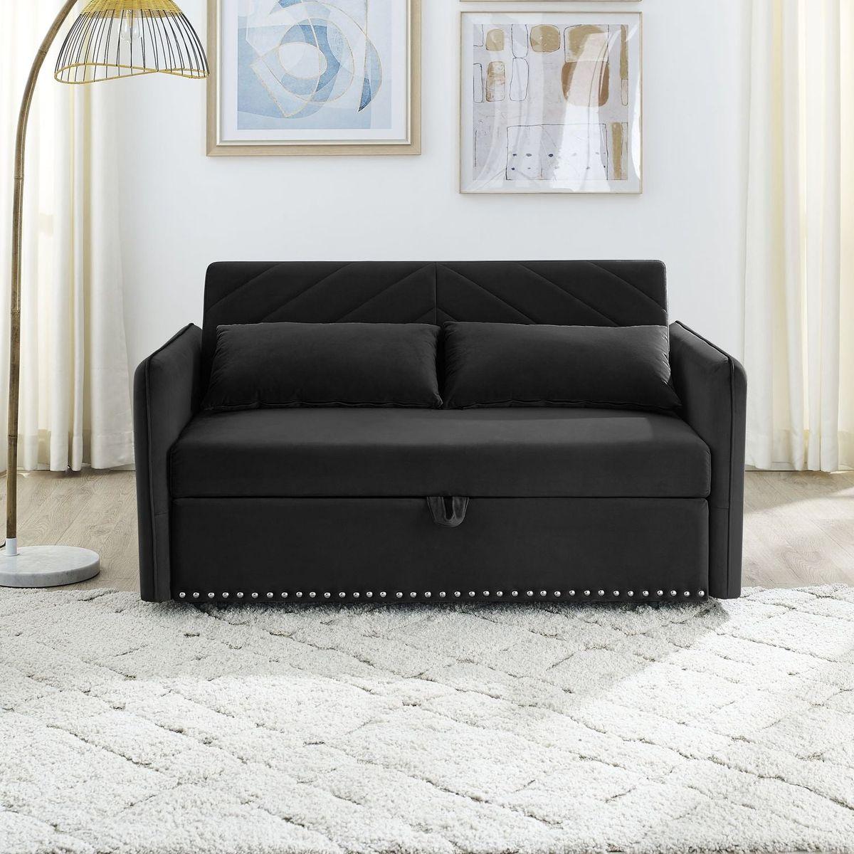 Pull-out sofa sleeper, 3-in-1 adjustable sleeper with pull-out bed, 2 lumbar pillows and side pocket, soft velvet convertible sleeper sofa bed, suitable for living room bedroom.