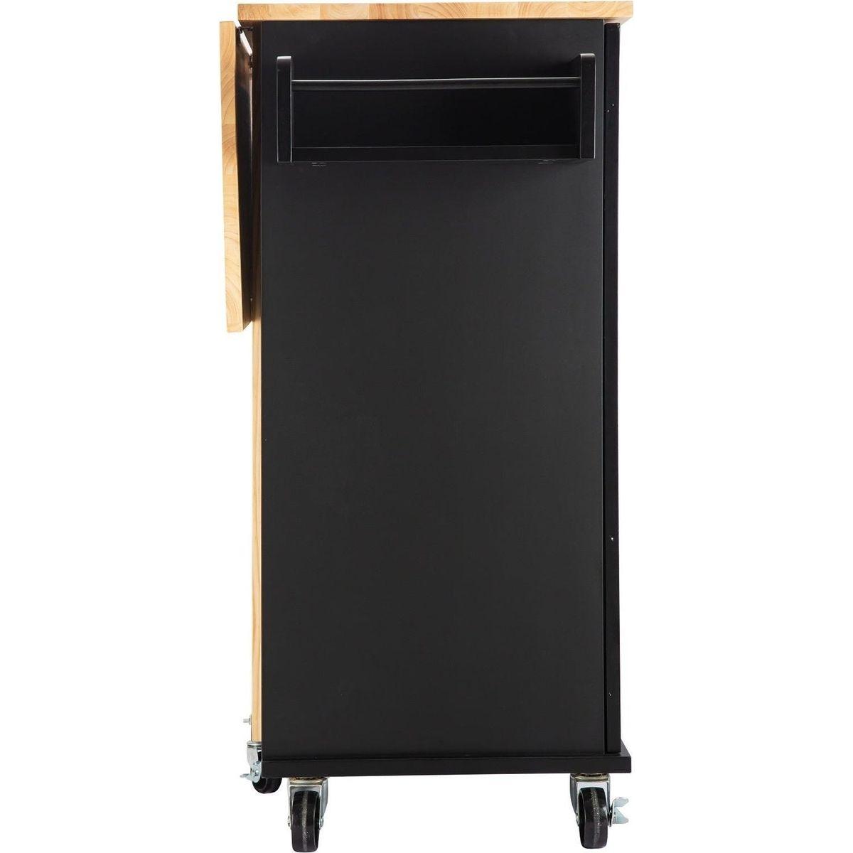 Kitchen Island & Kitchen Cart, Mobile Kitchen Island with Extensible Rubber Wood Table Top, adjustable Shelf Inside Cabinet, 3 Big Drawers, with Spice Rack, Towel Rack, Black-Beech .