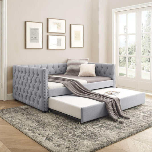 Daybed with Trundle Upholstered Tufted Sofa Bed, with Button and Copper Nail on Square Armsull Daybed & Twin Trundle, Grey5"57"31.5"