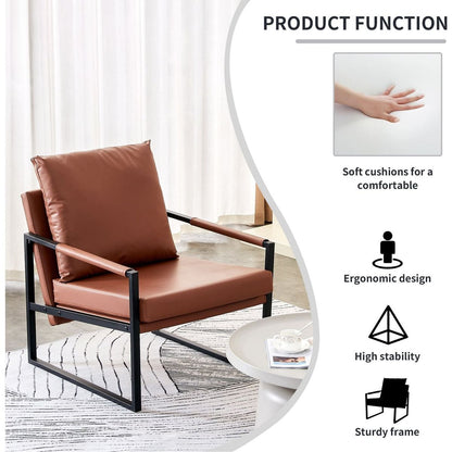 PU Leather Accent Arm Chair Mid Century Modern Upholstered Armchair with Metal Frame Extra-Thick Padded Backrest and Seat Cushion Sofa Chairs for Living Room (Brown PU Leather + Metal Frame + Foam)