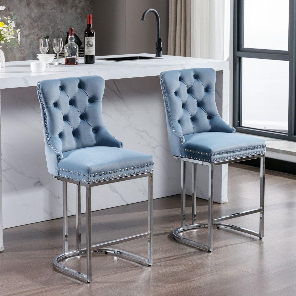 26" Counter Height Bar Stools Set of 2, Modern Velvet Barstools with Button Back&Rivet Trim Upholstered Kitchen Island Chairs with Sturdy Chromed Metal Base Legs Farmhouse Bar Stools, Light Blue, 2 Pack