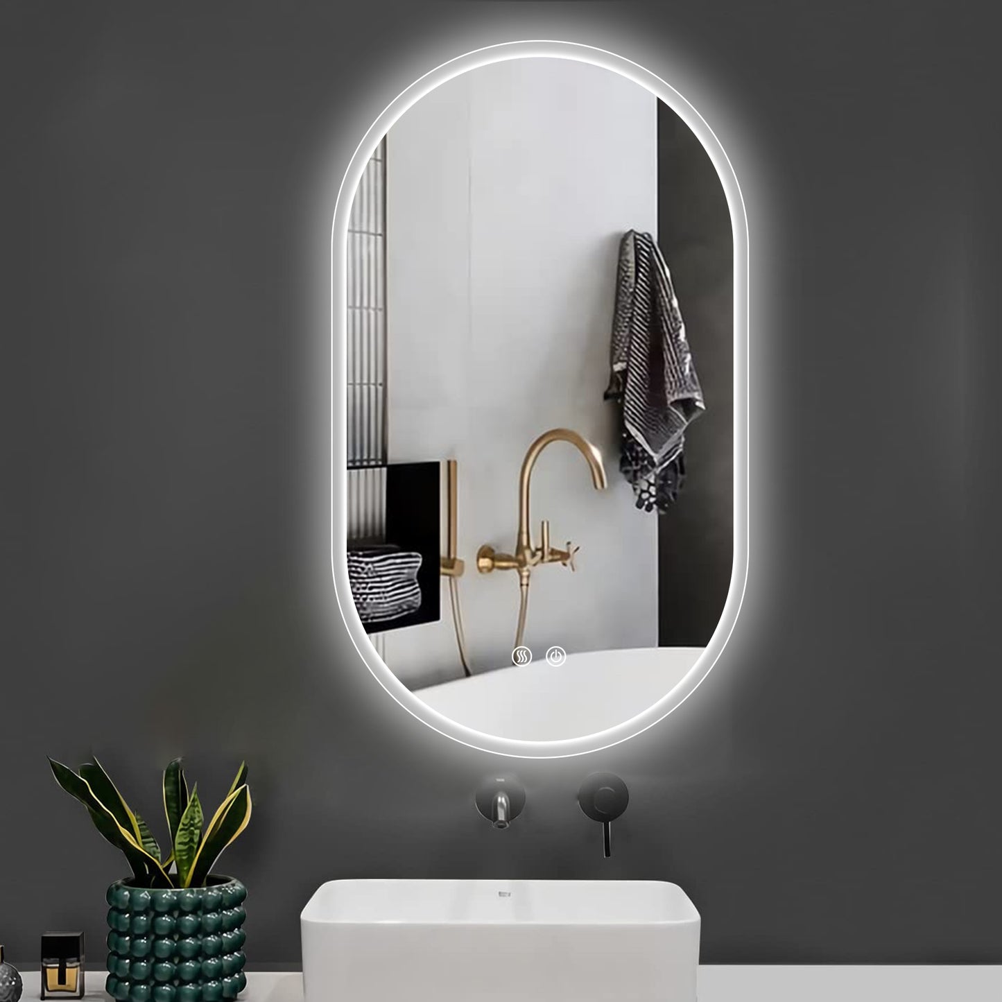 40X24 Inch Bathroom Mirror with Lights, Anti Fog Dimmable LED Mirror for Wall Touch Control, Frameless Oval Smart Vanity Mirror Vertical Hanging