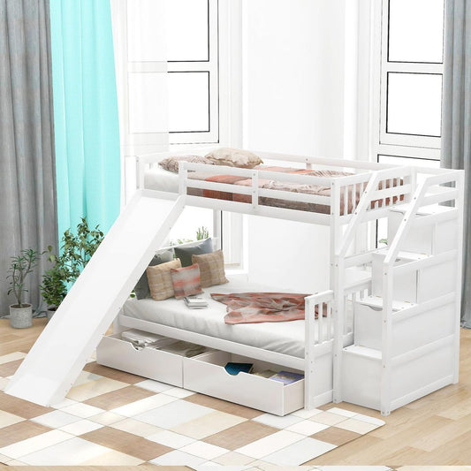 Twin over Full Bunk Bed with Drawers, Storage and Slide, Multifunction, White - Streamdale Furniture