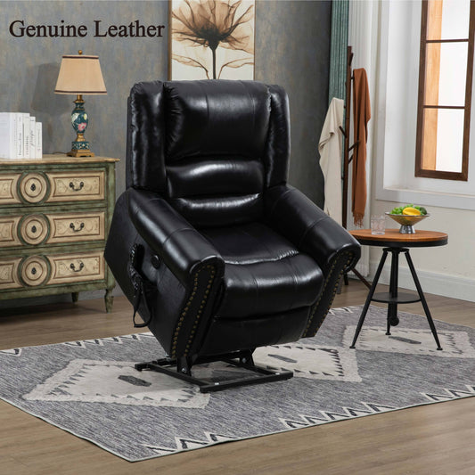 Power Lift Recliner Chair Heat Massage Dual Motor Infinite Position Up to 350 LBS, Genuine Leather, Heavy Duty Motion Mechanism with USB Ports, Black