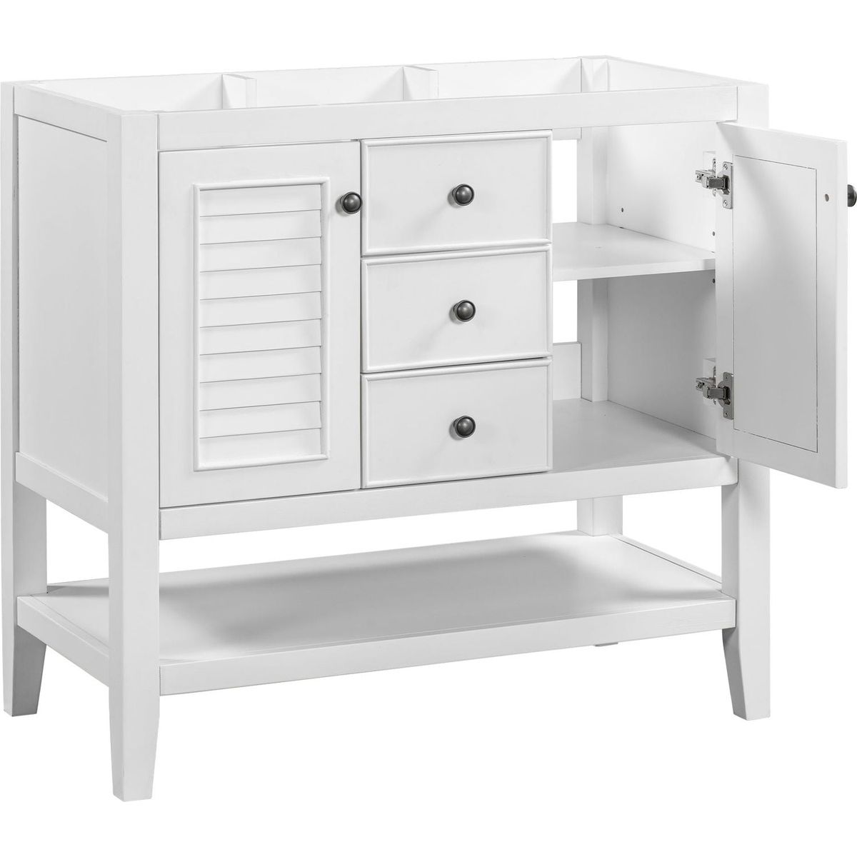 36" Bathroom Vanity without Sink, Cabinet Base Only, Two Cabinets and Drawers, Open Shelf, Solid Wood Frame, White