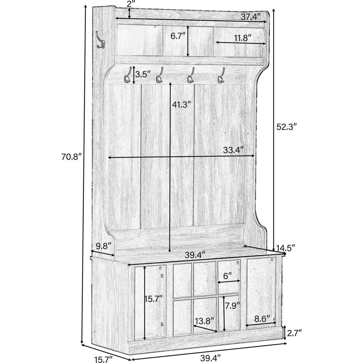 Hall Tree with 6 Hooks, Coat Hanger, Entryway Bench, Storage Bench, 3-in-1 Design, 39.4INCH, for Entrance, Hallway (Tiger)