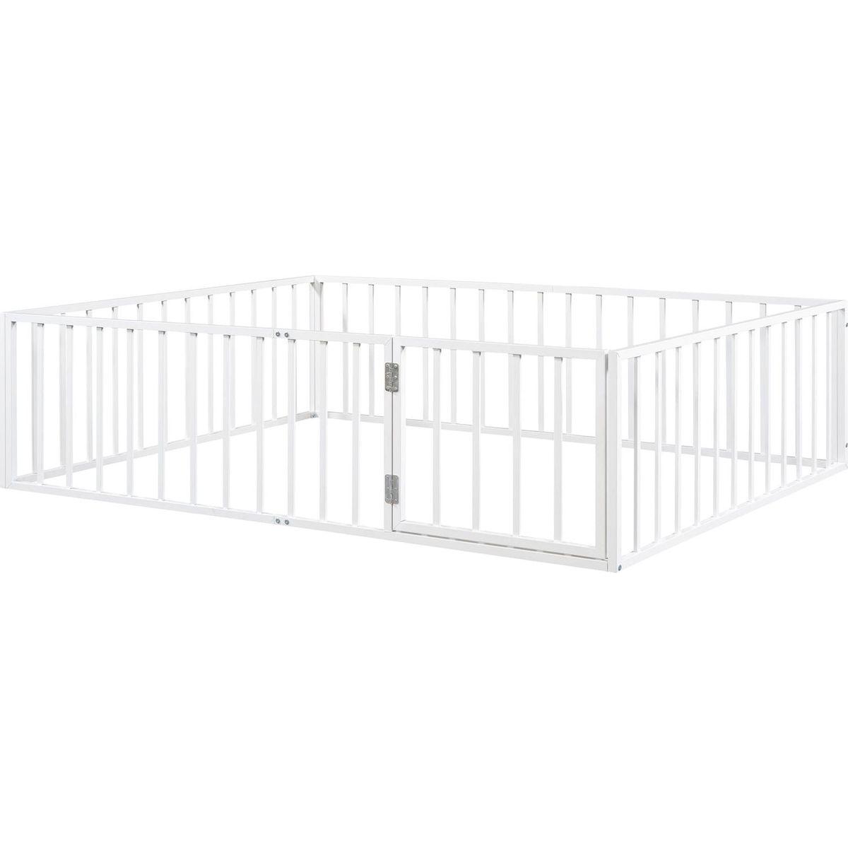 Queen Size Metal Floor Bed Frame with Fence and Door, White