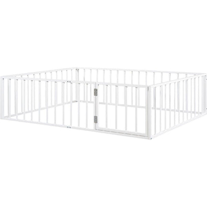 Queen Size Metal Floor Bed Frame with Fence and Door, White